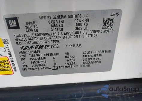 2015 GMC Acadia Sle-2 from USA, damaged, VIN 1GKKVPKD0FJ297250
